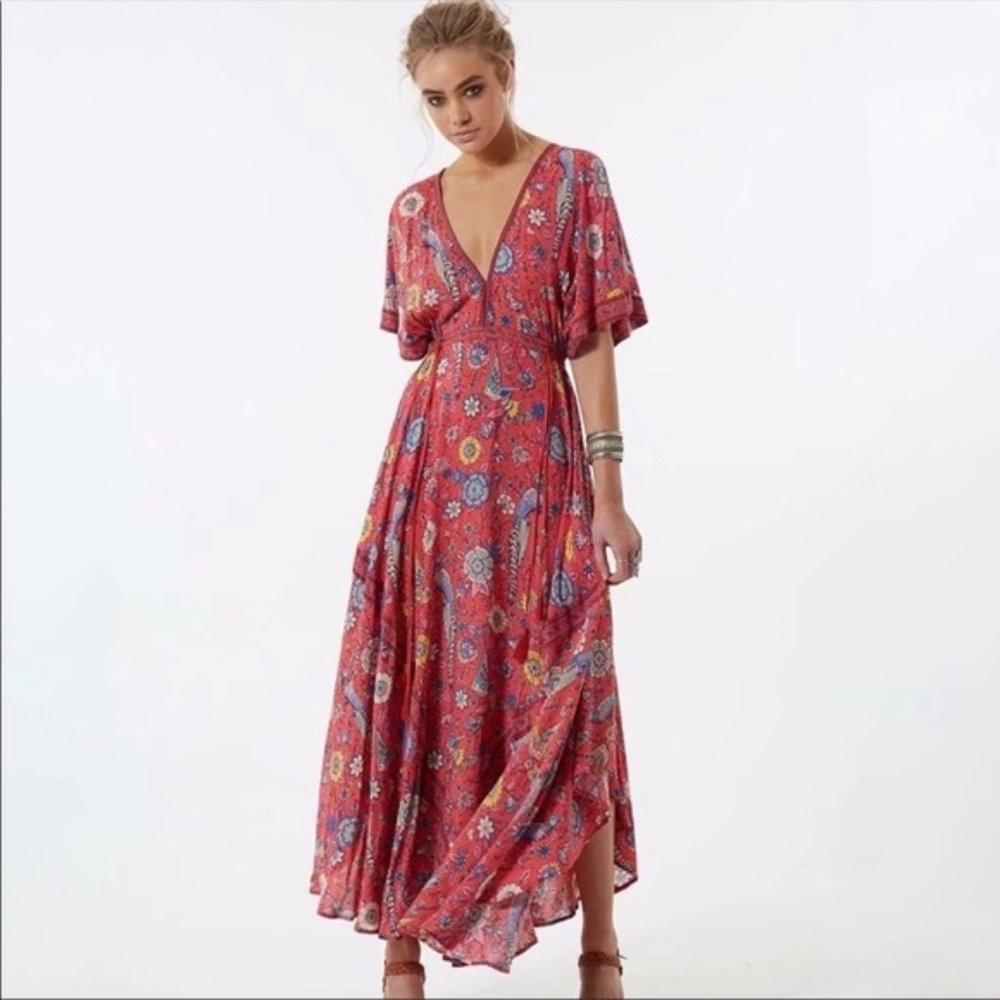 Red Boho Floral Bird Gypsy Print Maxi Long - Picture 3 of 9